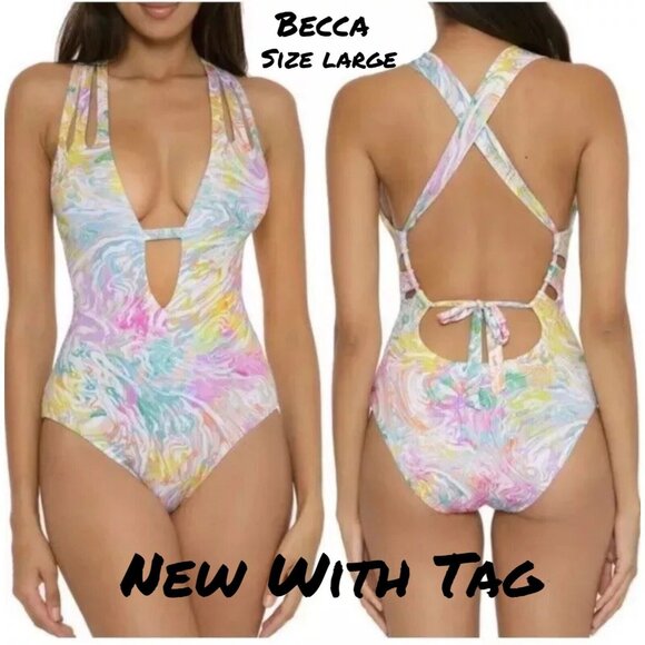 Becca by Rebecca Skyler Plunge One Piece Swimsuit - Pastel, Size Large, New - Picture 1 of 2